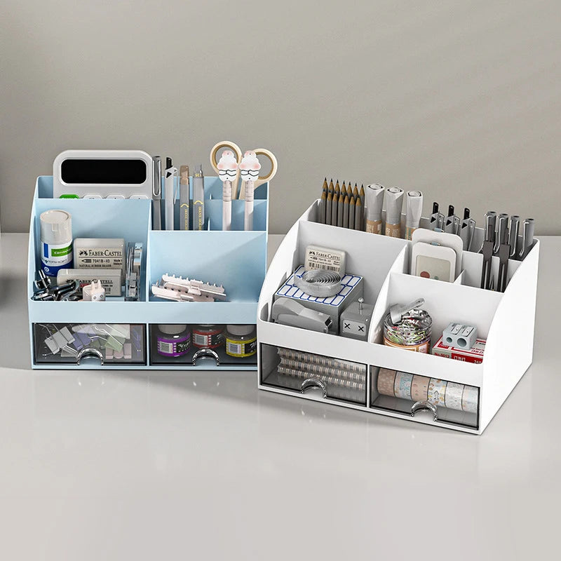 White desktop organizer with multiple drawers, sturdy tabletop storage box for office supplies and makeup organization.