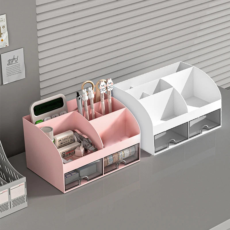 White desktop organizer with multiple drawers for office supplies and makeup storage, featuring a smooth, sturdy design.