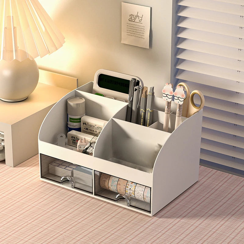 White desktop organizer with drawers and compartments for office supplies, makeup, and stationery storage.
