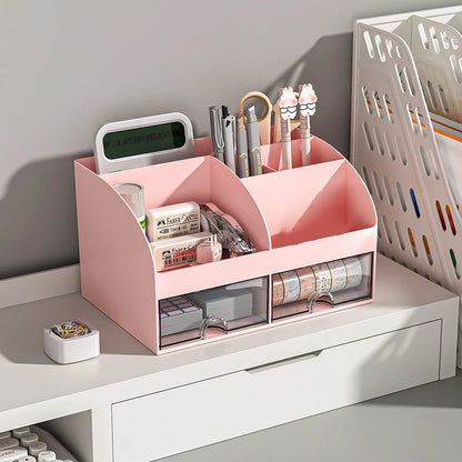 White desktop organizer with drawers for office supplies and makeup storage, featuring a smooth, sturdy design for tabletop organization.