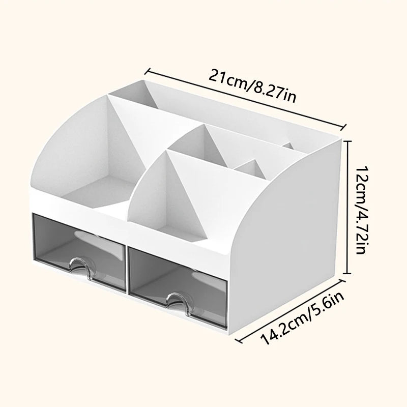 White desktop organizer with multiple drawers, sturdy tabletop storage box for office supplies and makeup organization.