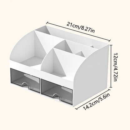 White desktop organizer with multiple drawers, sturdy tabletop storage box for office supplies and makeup organization.