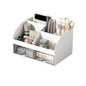 White desktop organizer with multiple drawers, sturdy tabletop storage box for office supplies and makeup organization.