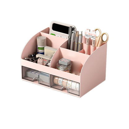White desktop organizer with drawers, sturdy tabletop storage box for office supplies and makeup, compact and multi-purpose.