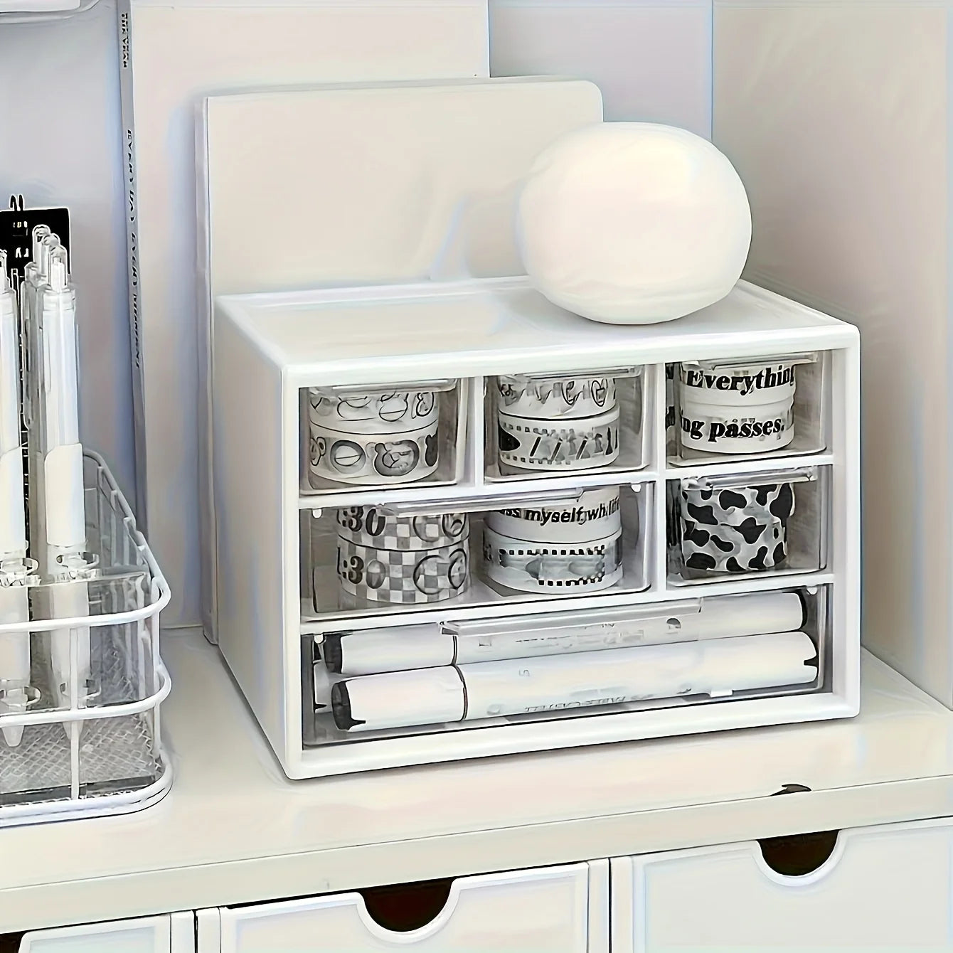 White desktop organizer with six spacious drawers, ideal for office supplies, stationery, and dorm essentials.