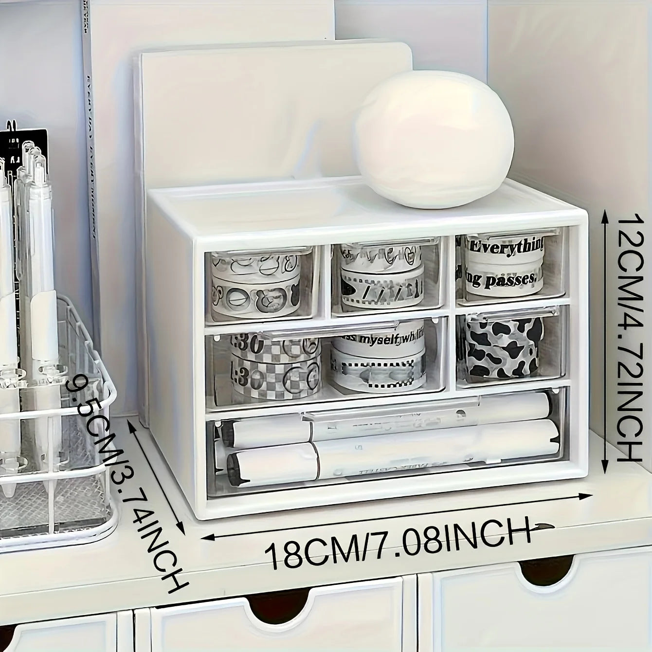 White desktop organizer with six drawers, multifunctional office supply container for stationery, dorm essentials, and organization.