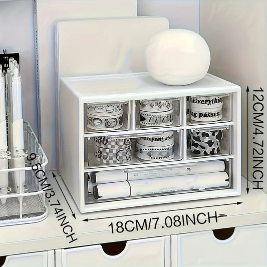 White desktop organizer with six drawers, multifunctional office supply container for stationery, dorm essentials, and organization.