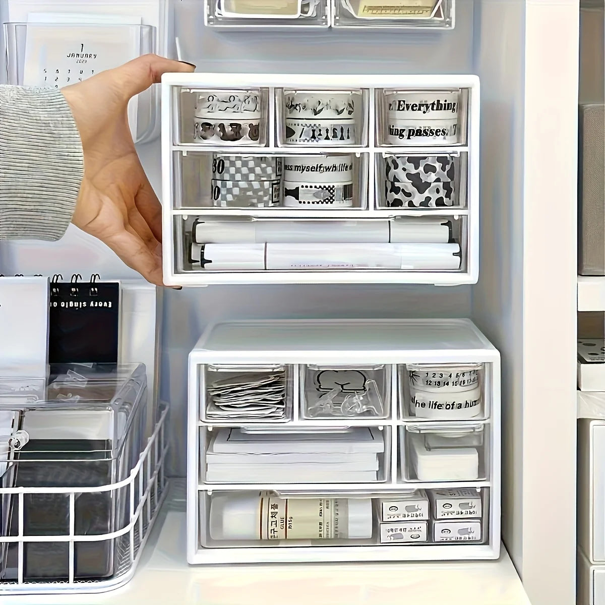 White desktop organizer with six spacious drawers, perfect for office supplies, stationery, and dorm essentials.