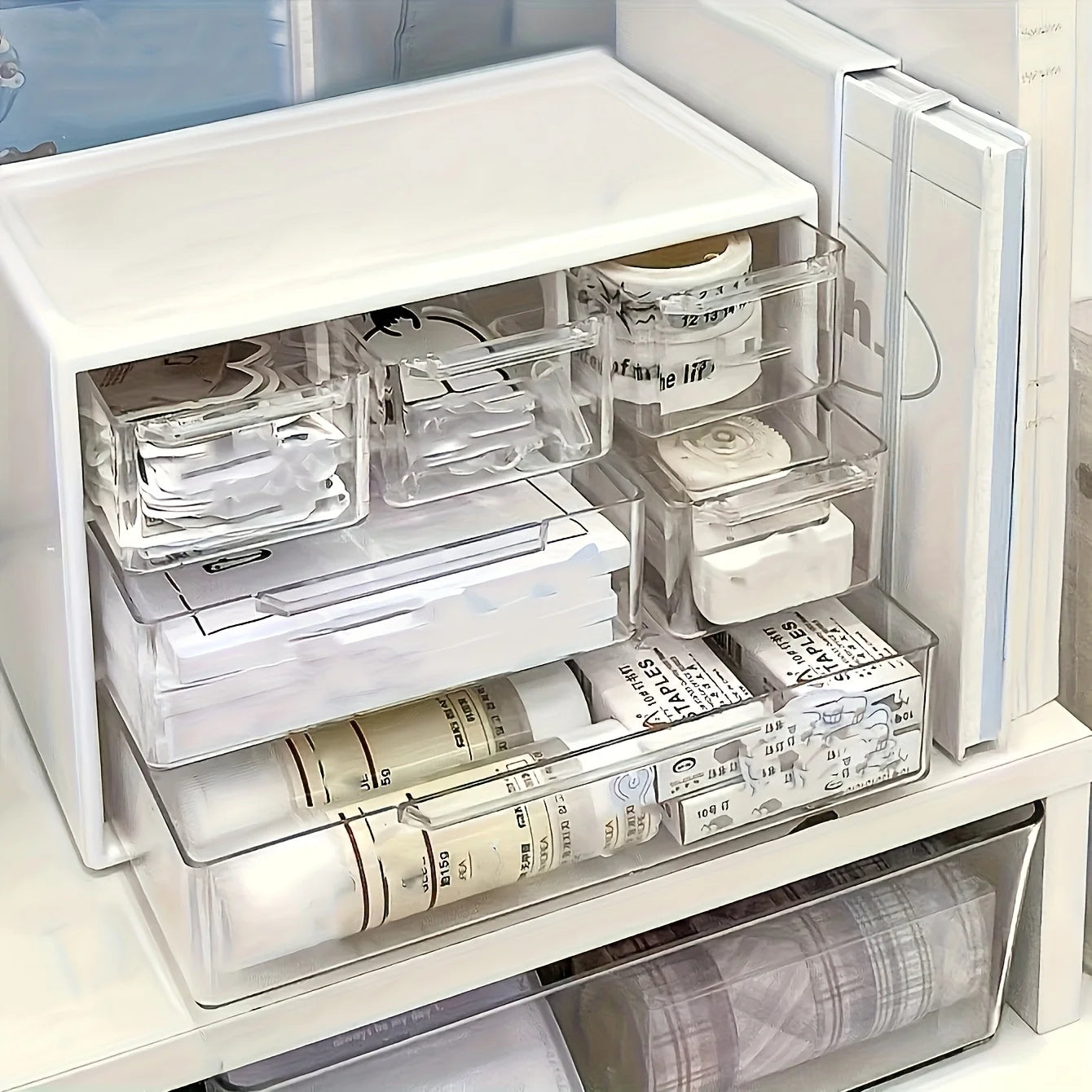 White desktop organizer with six spacious drawers, ideal for office supplies, stationery, and dorm essentials.