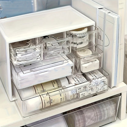 White desktop organizer with six spacious drawers, ideal for office supplies, stationery, and dorm essentials.