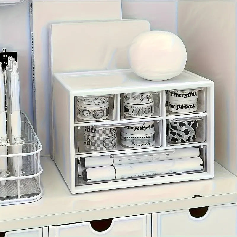 White desktop organizer with six spacious drawers, ideal for office supplies, stationery, and dorm essentials.