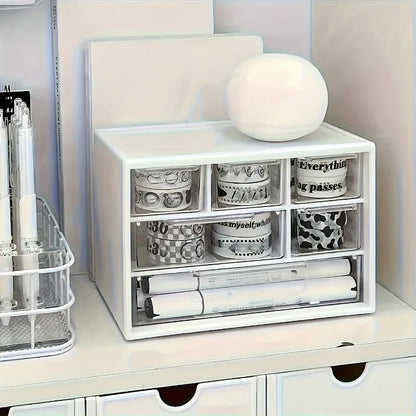 White desktop organizer with six spacious drawers, ideal for office supplies, stationery, and dorm essentials.