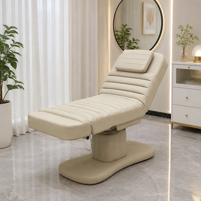 White electric beauty bed with PU leather upholstery, ergonomic design, easy to clean, ideal for salons and spa massage treatments.