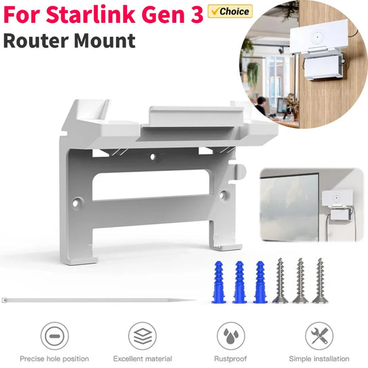 White Starlink Gen 3 router mount with 2-in-1 power supply brackets, space-saving satellite internet kit mounting bracket.