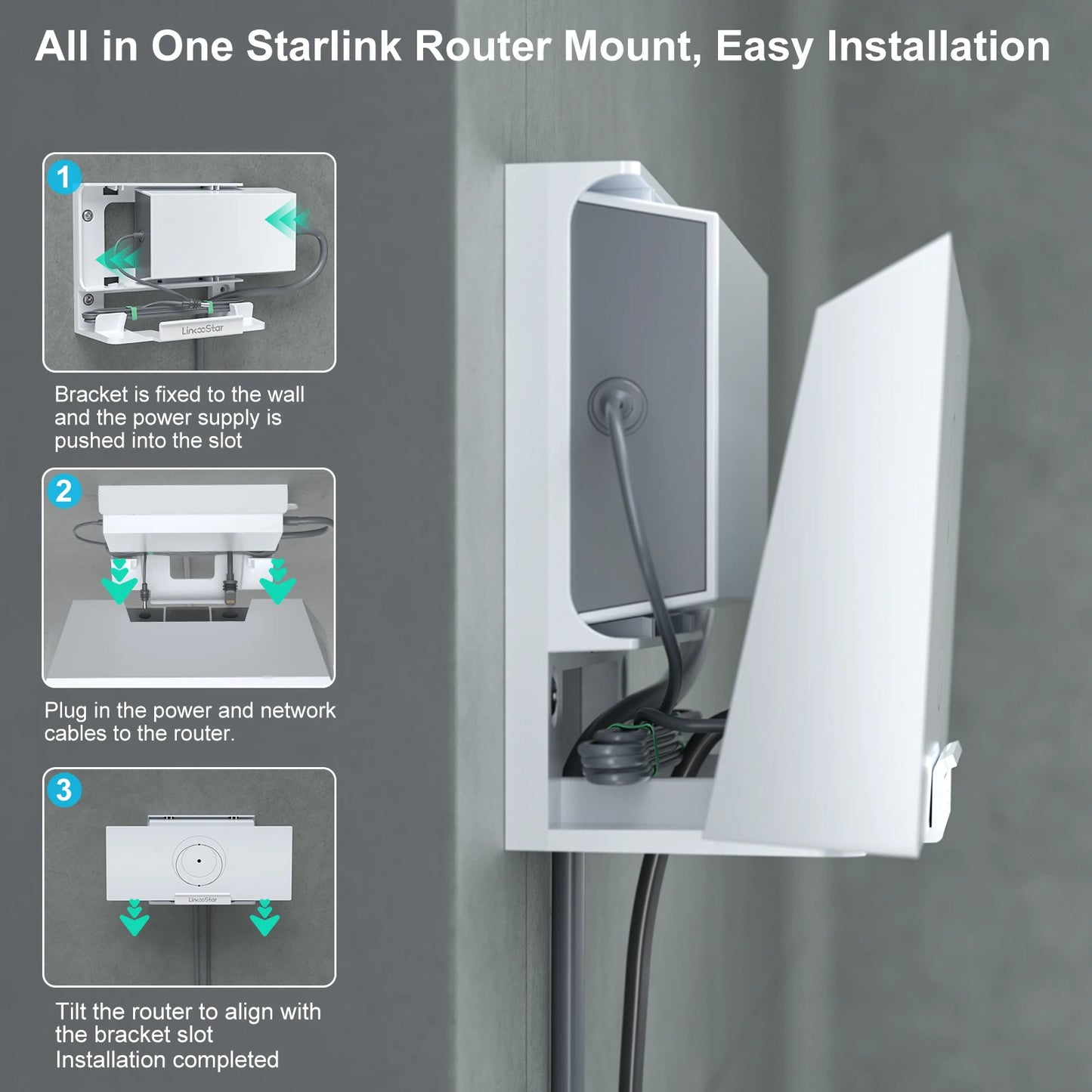 White Starlink Gen 3 router mount bracket holder for power supply, wall mount, space-saving satellite internet kit, ABS material.