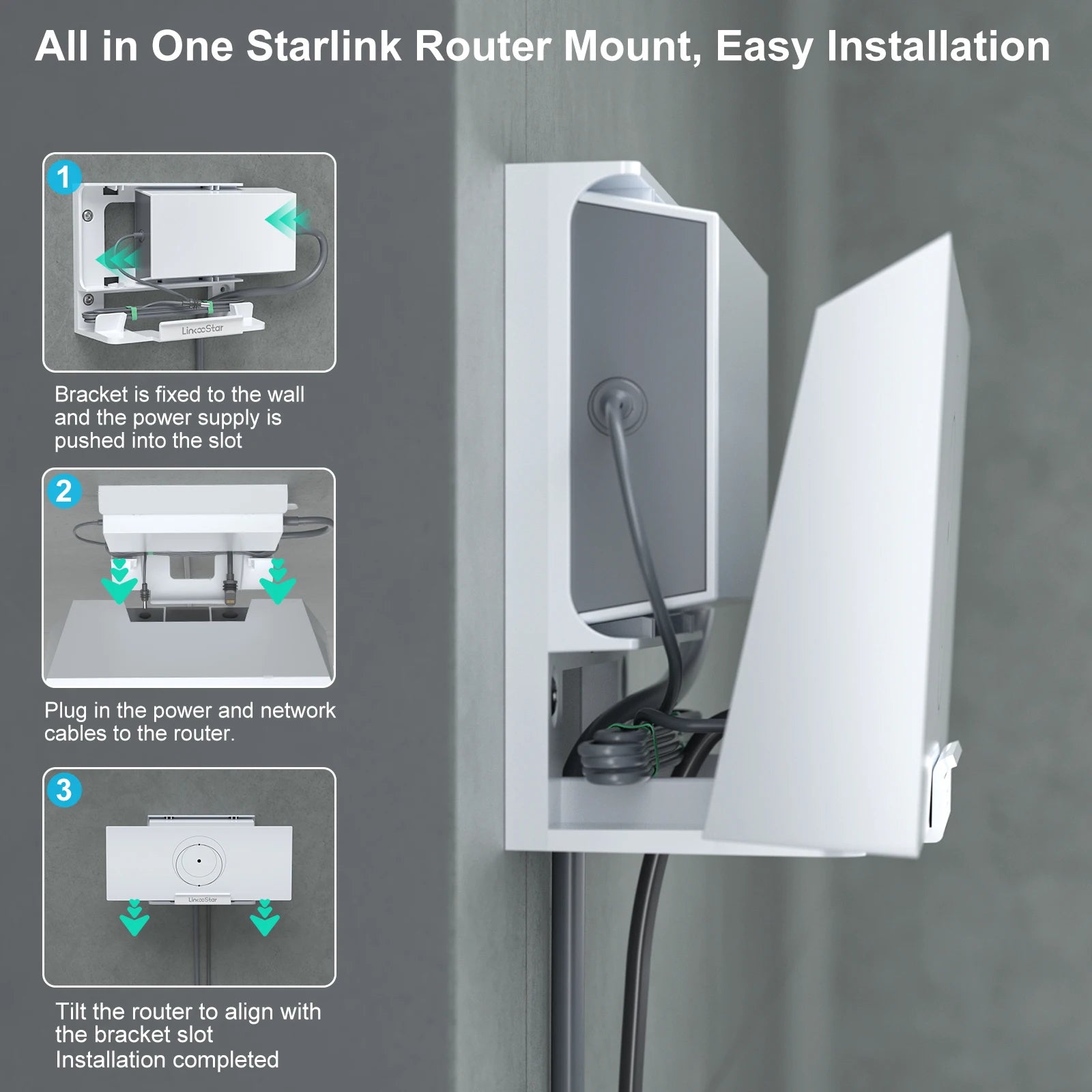 White Starlink Gen 3 router mount bracket holder for power supply, wall mount, space-saving satellite internet kit, ABS material.