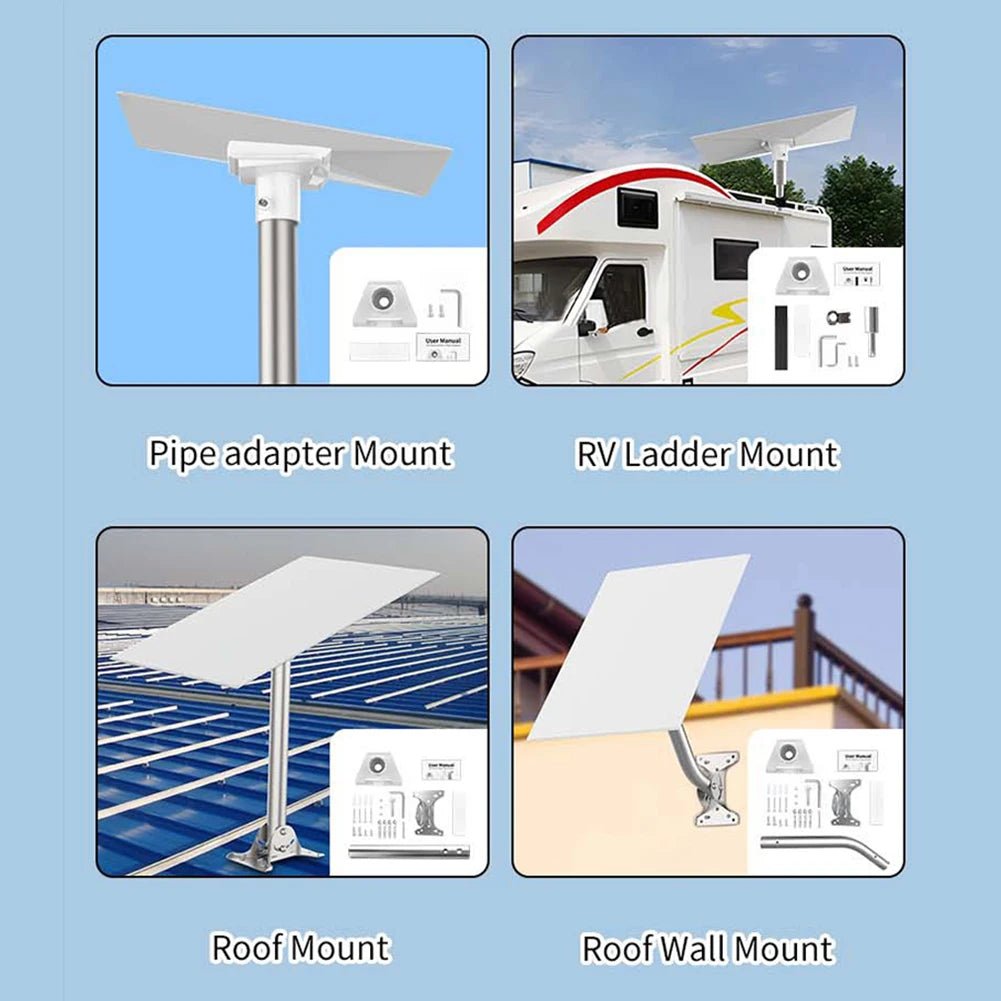 BackupMyFilesNow® white StarLink Gen 3 RV ladder mount roof rack bracket and satellite adapter for RV installation.