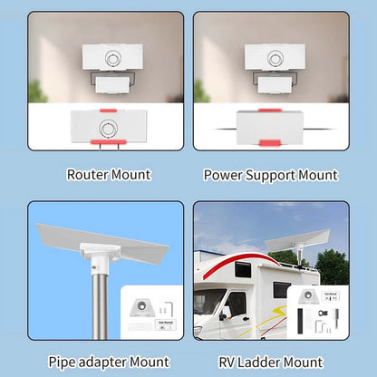 White StarLink Gen 3 RV ladder mount roof rack bracket and satellite roof adapter for StarLink installation kit.