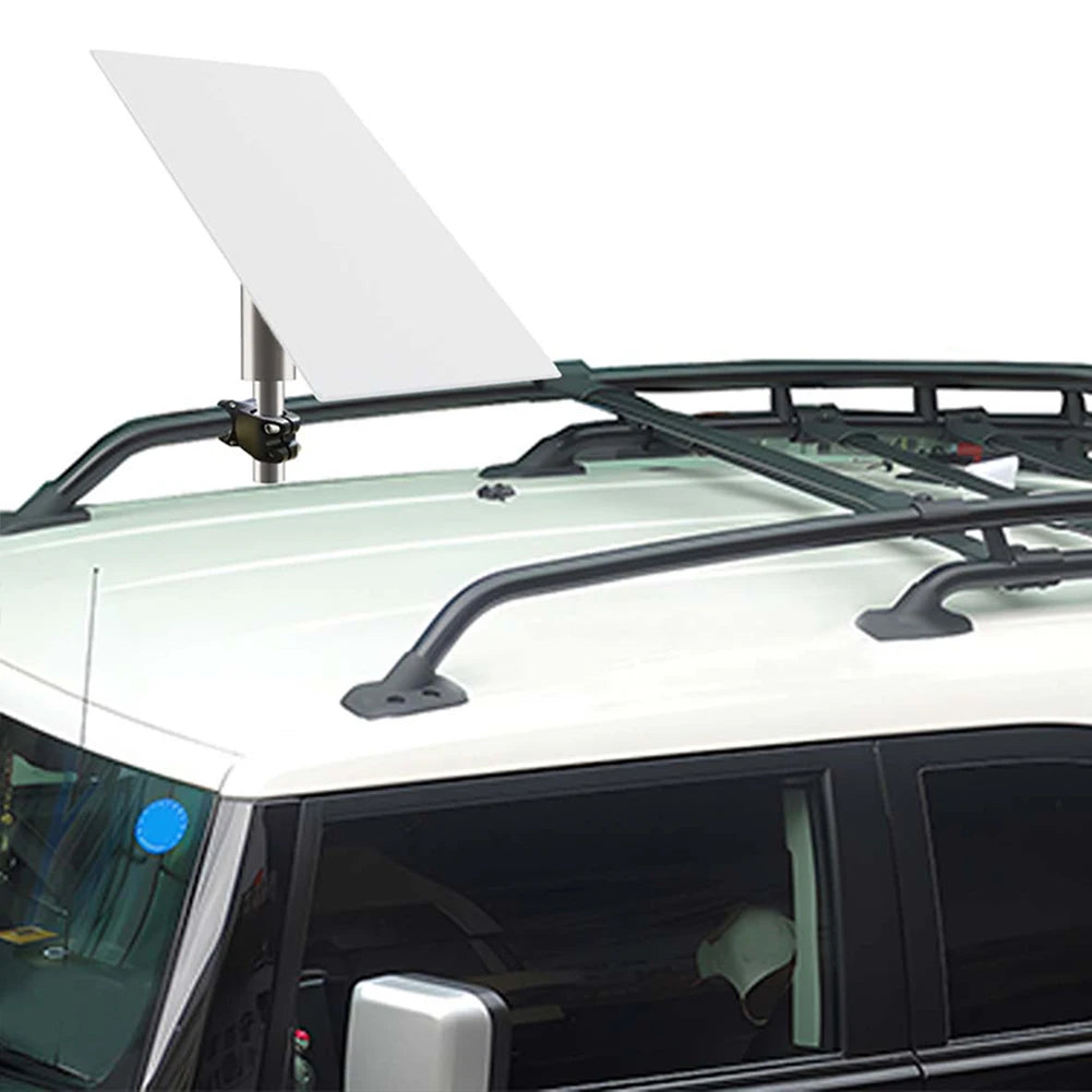 BackupMyFilesNow® white StarLink Gen 3 RV ladder mount roof rack bracket and chain satellite roof adapter for StarLink installation.