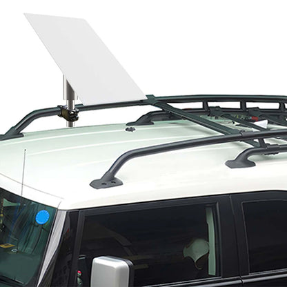 BackupMyFilesNow® white StarLink Gen 3 RV ladder mount roof rack bracket and chain satellite roof adapter for StarLink installation.