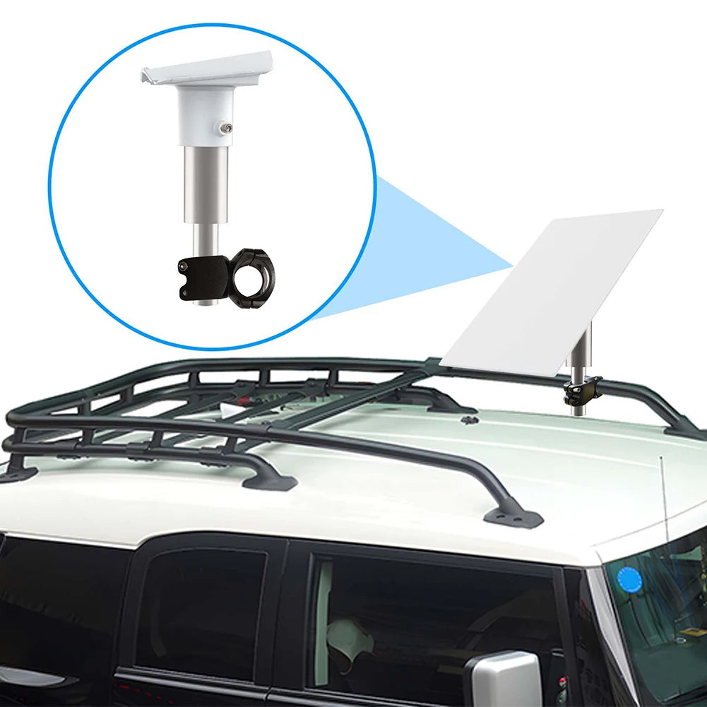 White StarLink Gen 3 RV ladder mount roof rack bracket and satellite roof adapter for RV installation.