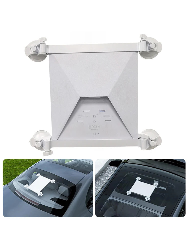 White Starlink Mini Sunroof suction cup car mount with flexible adjustment, satellite holder, and roof accessory for vehicle window.