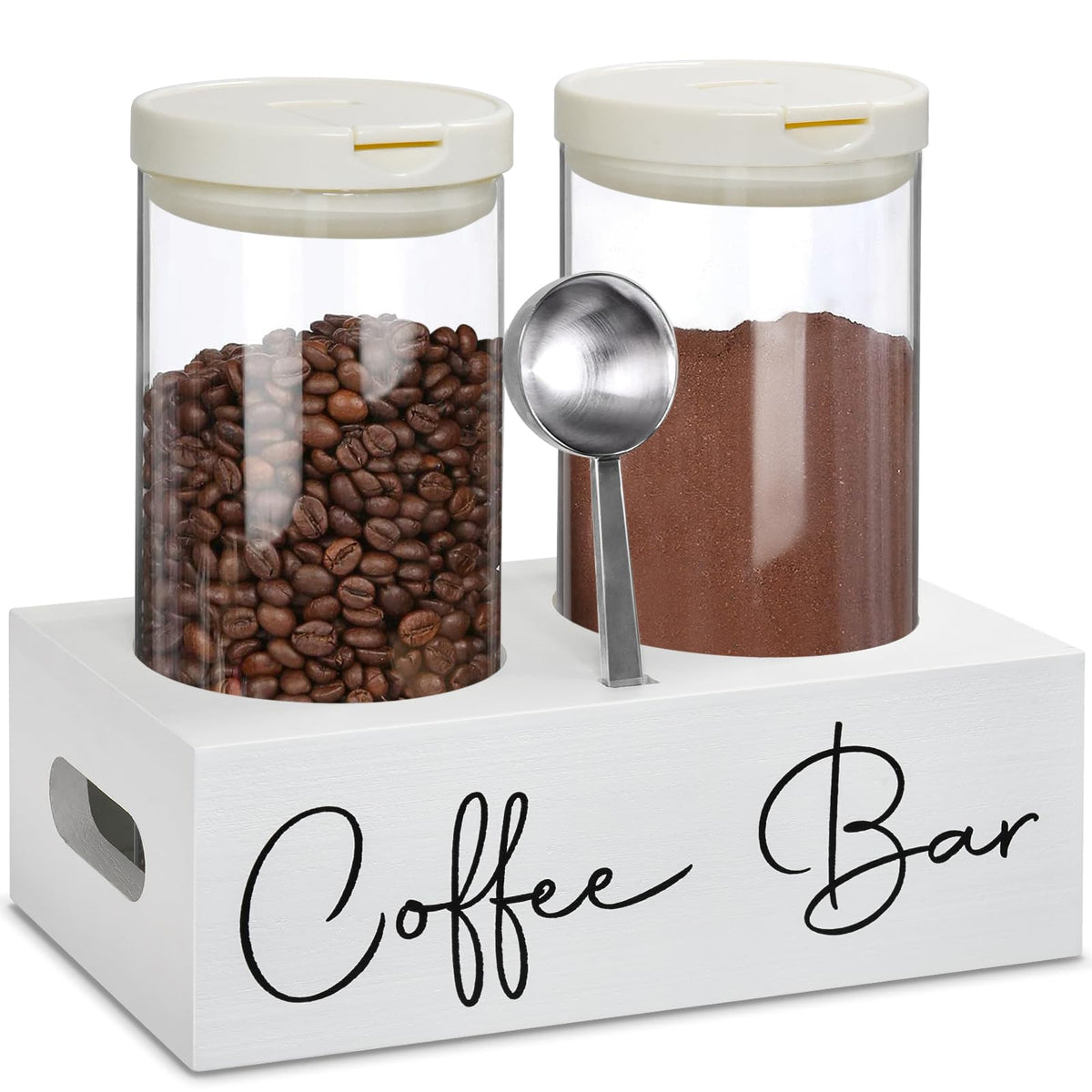 White glass coffee containers with shelf organizer, 48oz jars, airtight clamp, and spoon for coffee bean and ground coffee storage.