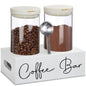 White glass coffee containers with shelf organizer, 48oz jars, airtight clamp, and spoon for coffee bean and ground coffee storage.