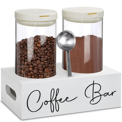 White glass coffee containers with shelf organizer, 48oz jars, airtight clamp, and spoon for coffee beans and ground coffee storage.