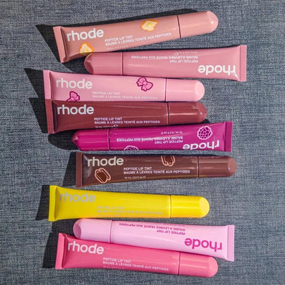Fashion brand cosmetics lip gloss in six colors, portable magnetic mounting bracket with patterned lipstick ribbon in raspberry jelly and espresso.