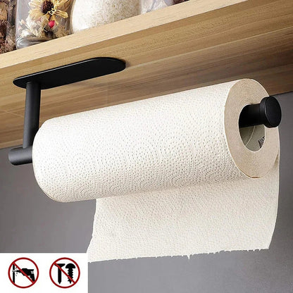 White kitchen paper towel holder with adhesive tissue hanger and toilet roll dispenser, mounted on bathroom or cabinet surface.