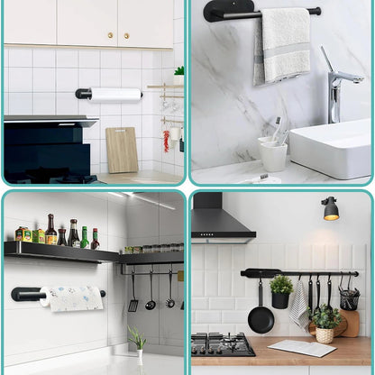 White kitchen paper towel holder and adhesive tissue hanger for bathroom or kitchen cabinet storage, with toilet roll and napkin rack.