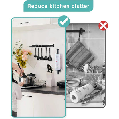 White adhesive kitchen paper towel holder and toilet roll dispenser with cabinet storage, bathroom accessories by BACKUPMYFILESNOW.COM®.