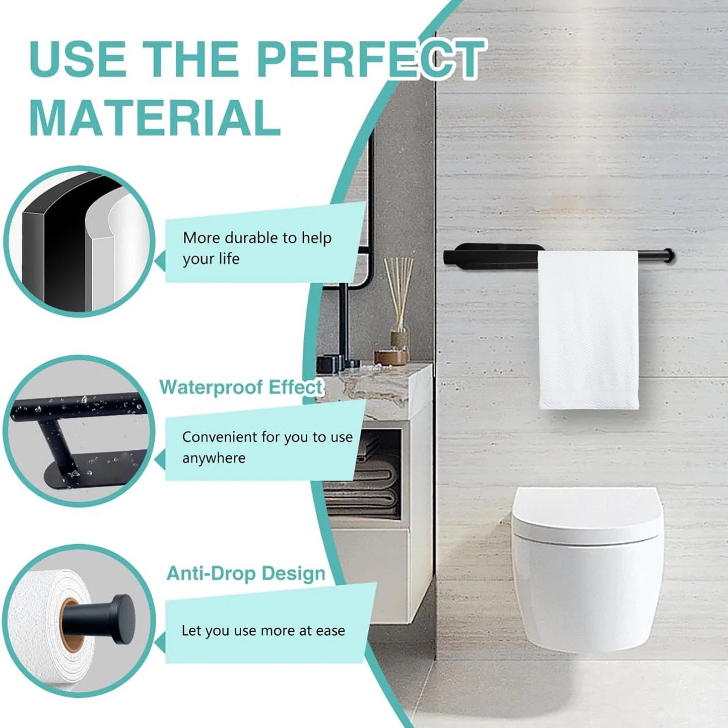 White kitchen paper towel holder with adhesive tissue hanger and toilet roll paper dispenser mounted on bathroom cabinet.