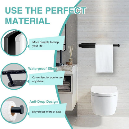 White kitchen paper towel holder with adhesive tissue hanger and toilet roll paper dispenser mounted on bathroom cabinet.