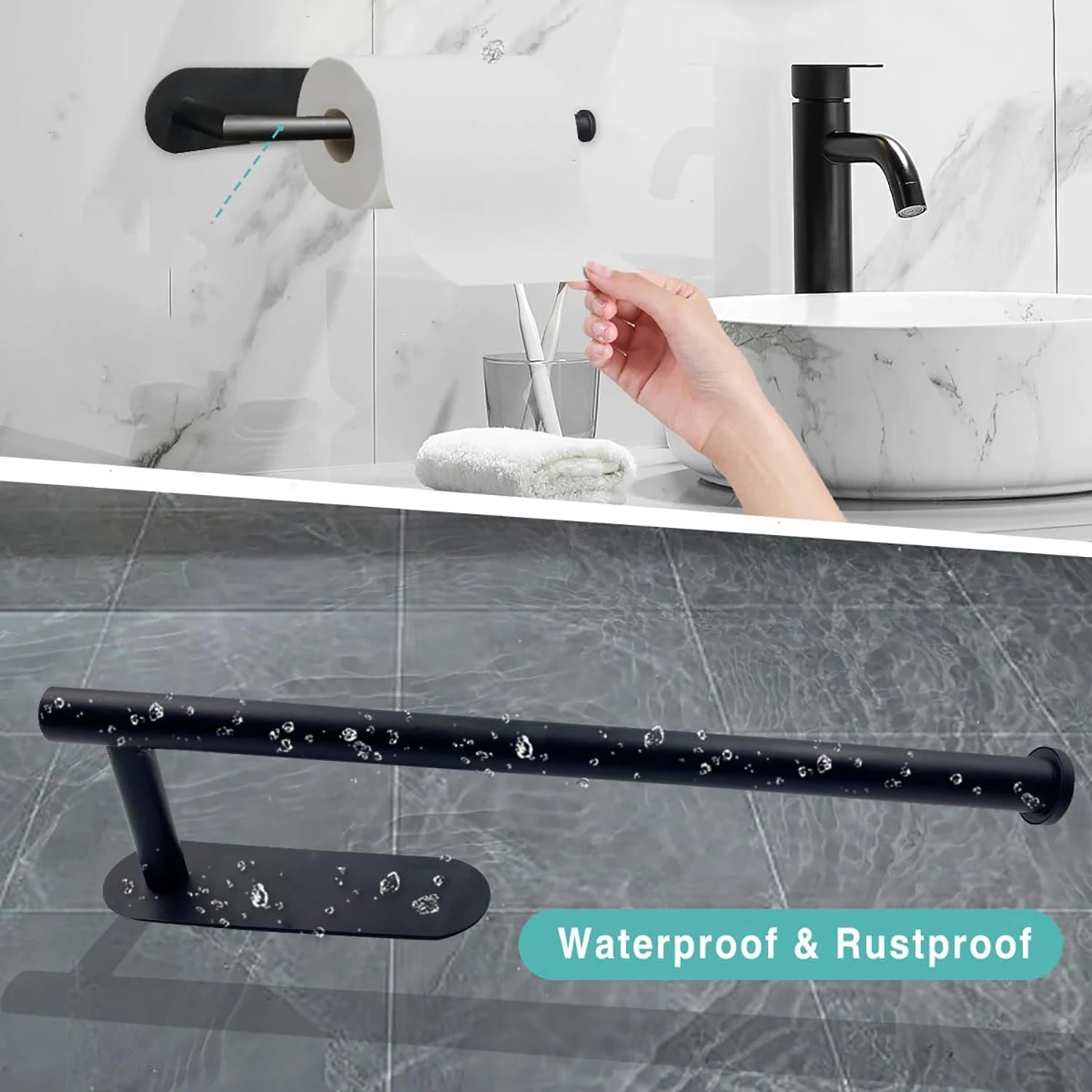 White kitchen paper towel holder with adhesive tissue hanger for bathroom or kitchen, mounted on cabinet or wall.