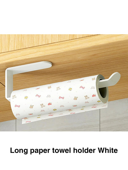 White kitchen paper towel holder with adhesive tissue hanger and toilet roll dispenser, mounted on a bathroom cabinet for storage.