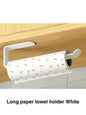White kitchen paper towel holder with adhesive tissue hanger and toilet roll dispenser, mounted on a bathroom cabinet for storage.