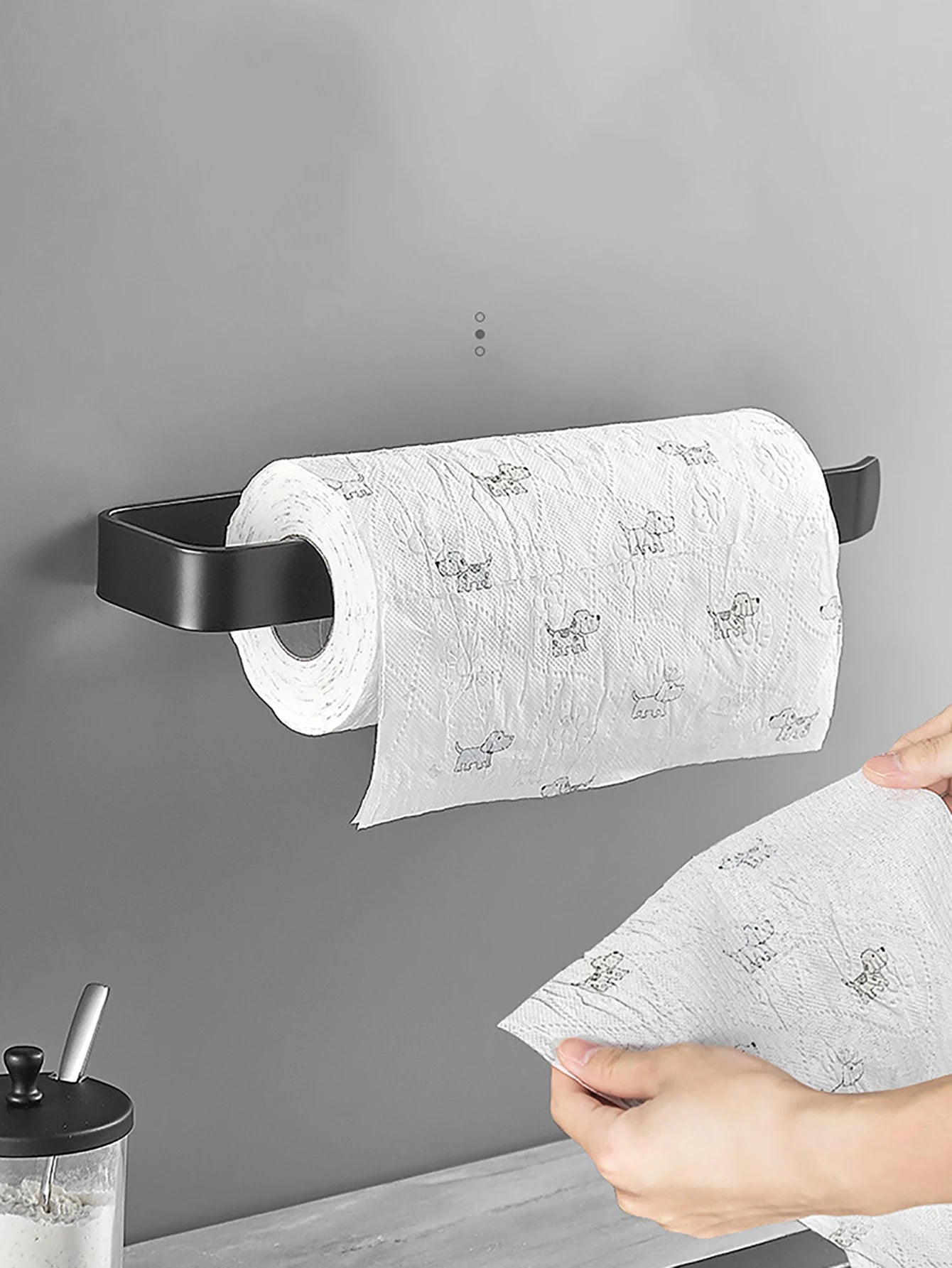 White kitchen paper towel holder with adhesive tissue hanger, toilet roll dispenser, and cabinet storage for bathroom or kitchen use.