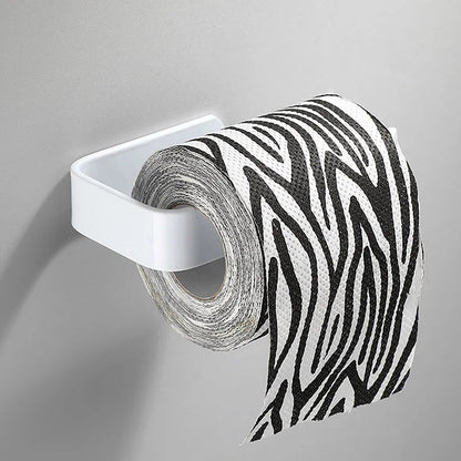 White kitchen paper towel holder with adhesive tissue hanger and toilet roll dispenser, mounted on bathroom or cabinet wall.
