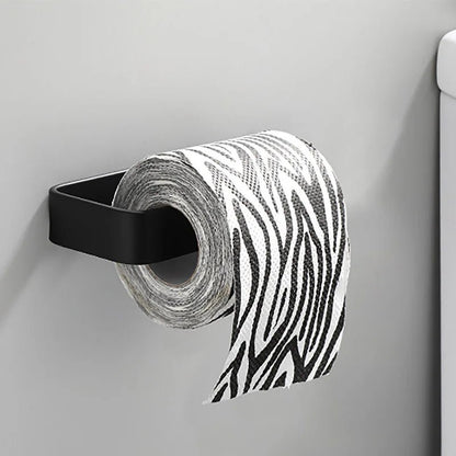 White kitchen paper towel holder and adhesive tissue hanger with toilet roll dispenser and cabinet storage for bathroom accessories.