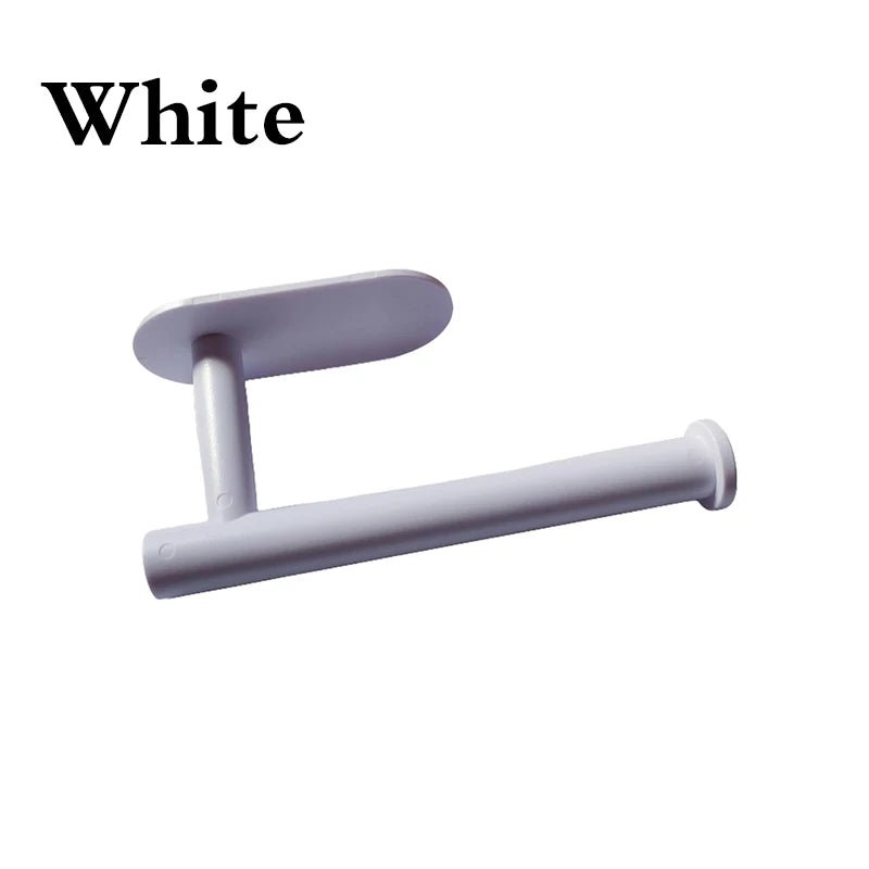 White adhesive kitchen paper towel holder and toilet roll dispenser with cabinet storage for bathroom and kitchen.