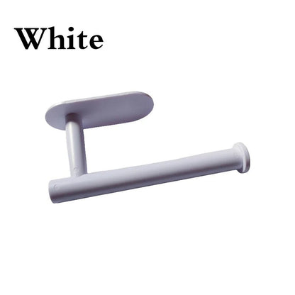 White adhesive kitchen paper towel holder and toilet roll dispenser with cabinet storage for bathroom and kitchen.
