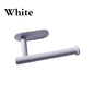 White adhesive kitchen paper towel holder and toilet roll dispenser with cabinet storage for bathroom and kitchen.