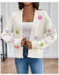 White knitted women's cardigan with floral design, featuring a cozy, stylish sweater coat from BackupMyFilesNow.com.