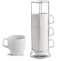 White KOOV ceramic coffee mug set with stand, 16 oz large stackable mugs for coffee, tea, and cocoa, includes four stylish cups.