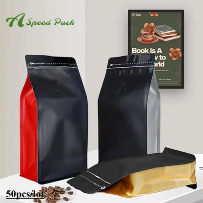 Set of 50 smell-proof aluminium foil ziplock bags with valves for coffee beans, tea, nuts, and powders in various sizes.