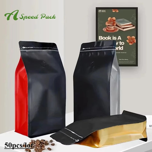 Set of 50 smell-proof aluminium foil ziplock bags with valves for coffee beans, tea, nuts, and powders in various sizes.