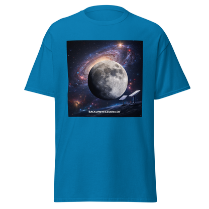 White unisex classic tee by Gildan 5000 with BACKUPMYFILESNOW.COM® branding, featuring a comfortable fit and simple design.