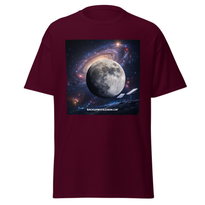 Unisex classic white T-shirt by Gildan 5000 with BACKUPMYFILESNOW.COM® branding, casual fit, soft cotton fabric.